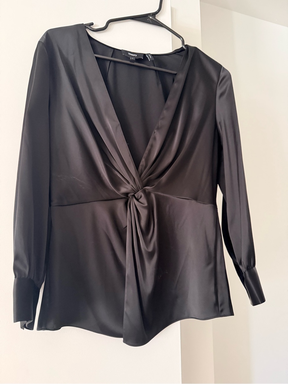 Theory Black Satin Twist-Front Blouse